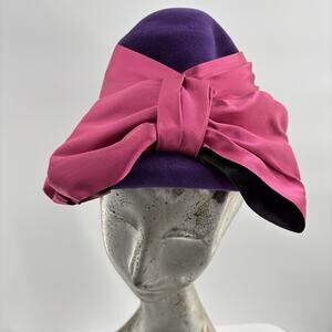 Vtg 60s Contessa William A Miller Cloche Hat Purple Felt Pink Bow Cocktail